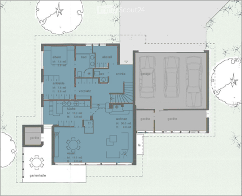 Floor plan of a house with multiple rooms including living room, kitchen, bedrooms, bathrooms, and a garage.