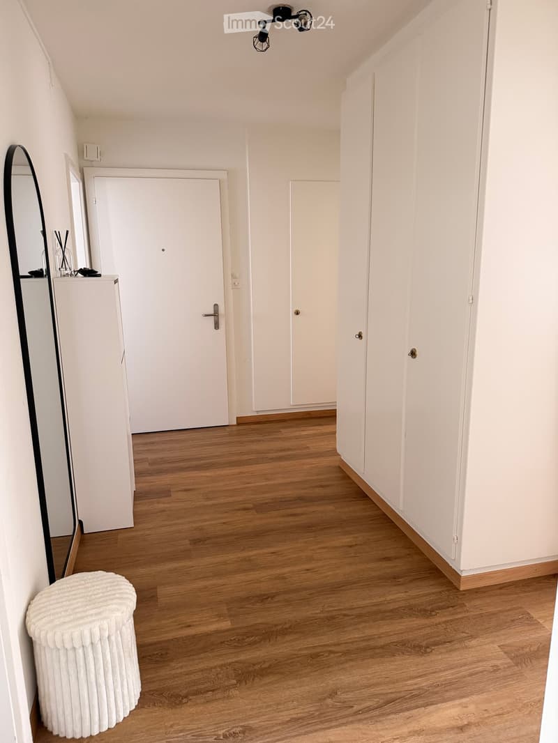 A narrow hallway with wooden flooring, white walls, and several doors. A white stool is placed near the left wall, and a small cabinet with a mirror is visible.