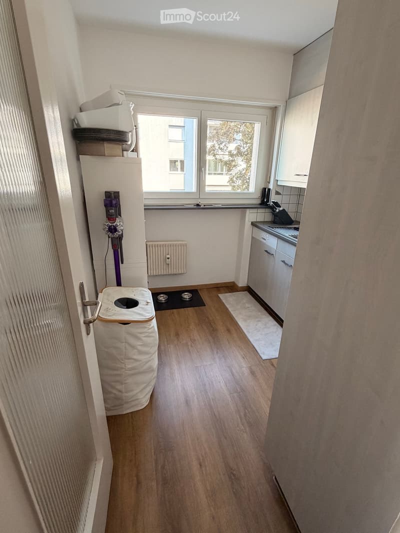 The image shows a small, well-lit kitchen area with white cabinets, a sink, and a stove. There is a refrigerator on the left, a vacuum cleaner leaning against it, a radiator below a window, and a cat litter box with dog bowls nearby. The floor is wooden,