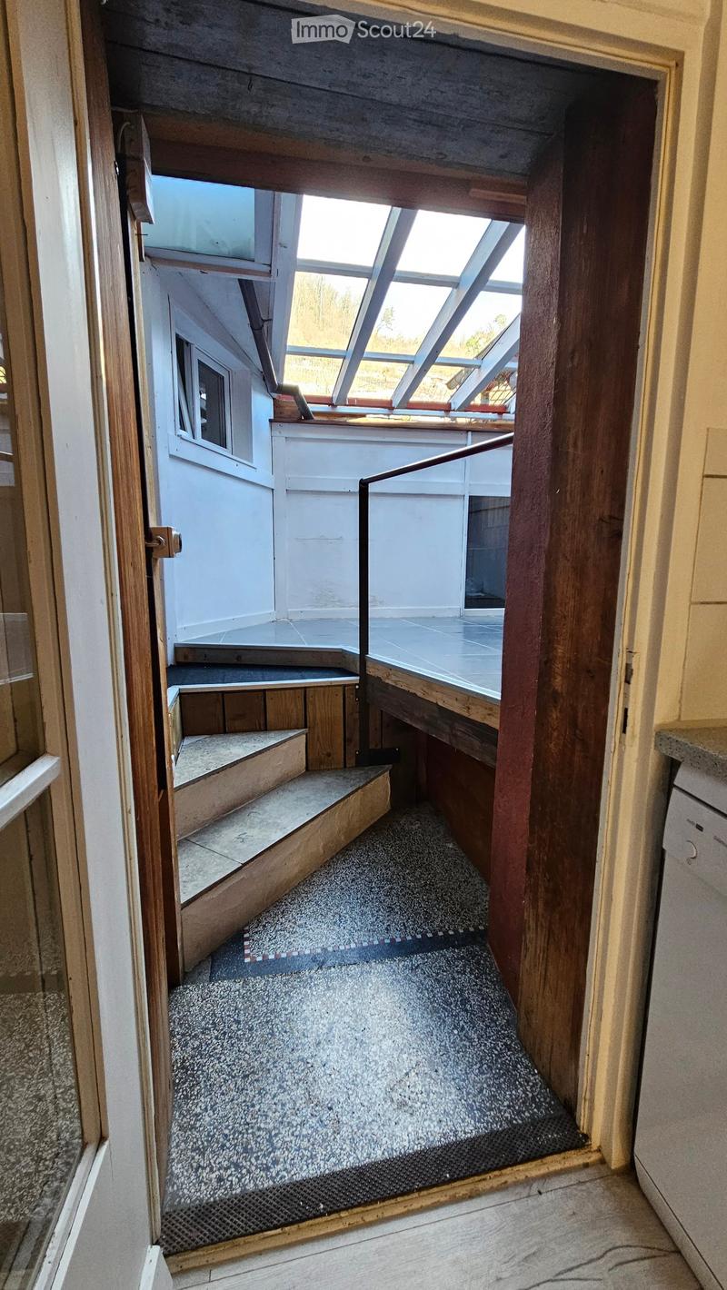 Staircase leading to a raised ground floor area with a skylight above, featuring wooden railings and tiled steps.