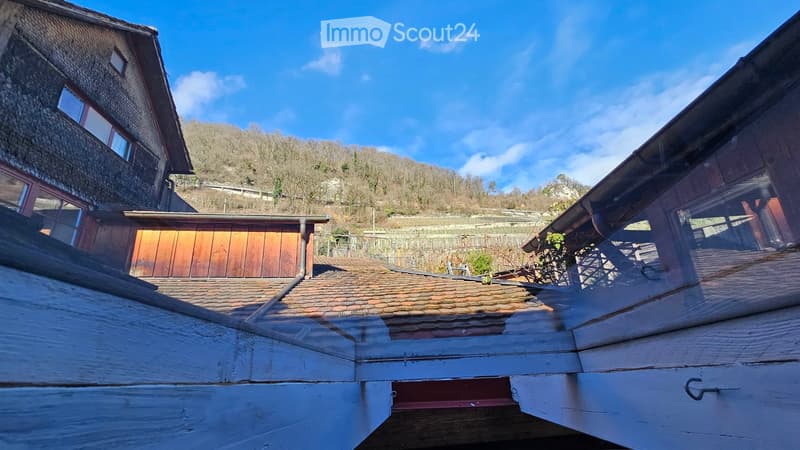 Roof and exterior view of a multi-story building with brick and wooden elements, surrounded by a natural landscape with trees and hills in the background.