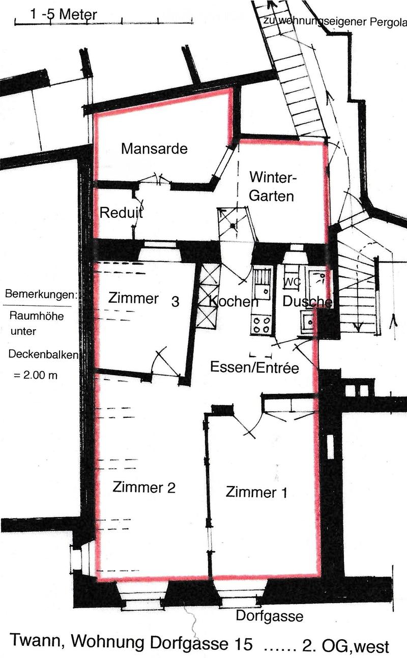 Floor plan of a two-story house with labeled rooms including Mansarde, Wintergarten, Reduit, Zimmer 3, Küche, Dusche, Essen/Entrée, Zimmer 2, Zimmer 1, and access to a pergola.