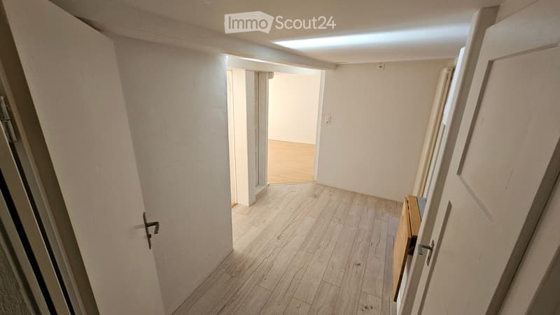 Empty hallway with light wooden flooring, white walls, and a partially open door leading to another room.