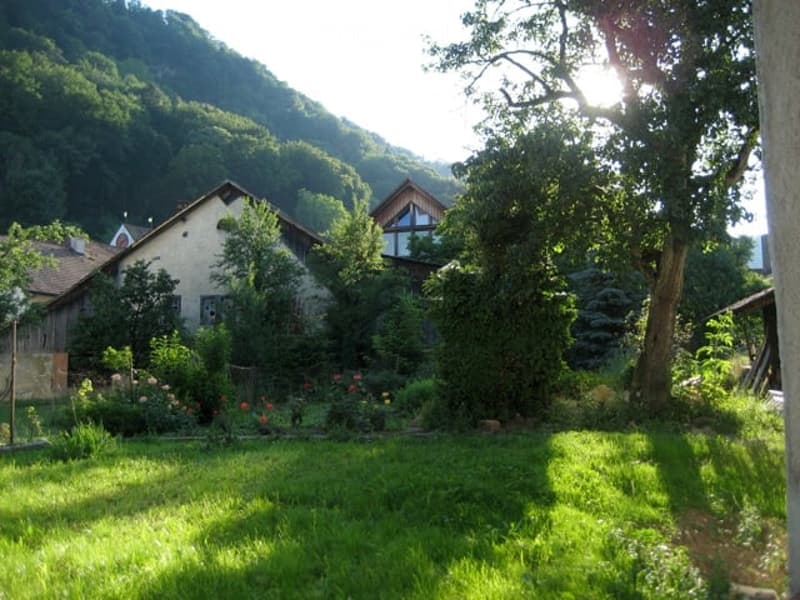 A peaceful garden area with a well-maintained lawn, surrounded by trees and shrubs. Two houses are visible in the background, nestled among greenery and hills.