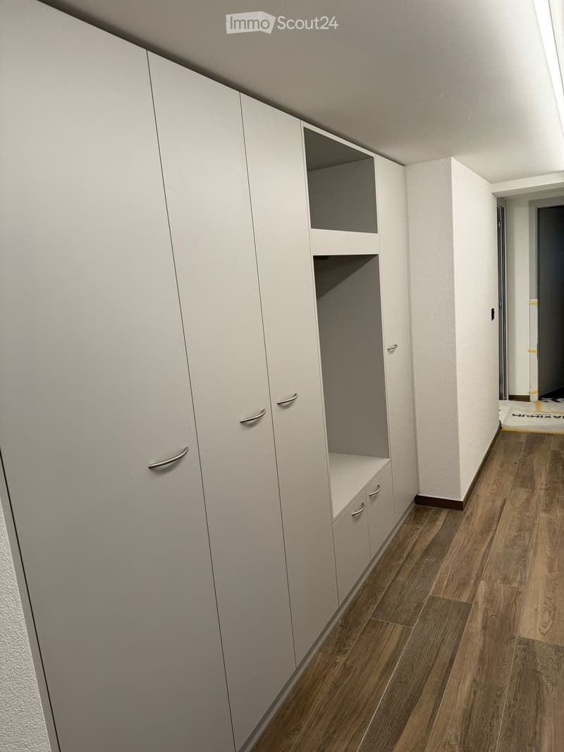 A narrow hallway with light-colored wooden flooring and white built-in storage units featuring multiple doors and shelves.