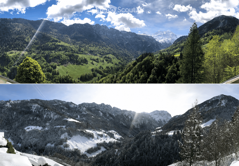Panoramic view of a lush green valley surrounded by snow-capped mountains, with dense forests and scattered houses visible in the distance.