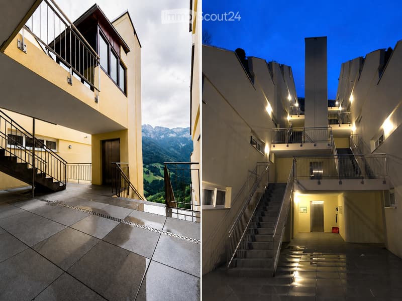 Two images showing a modern building entrance and hallway with tiled floors, metal railings, and a view of the surrounding landscape.
