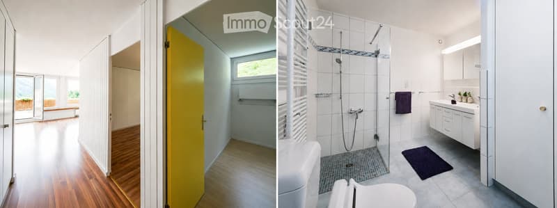 Modern bathroom with white tiles, glass shower enclosure, white sink cabinet, and a toilet. The adjacent hallway features wooden flooring and large windows.