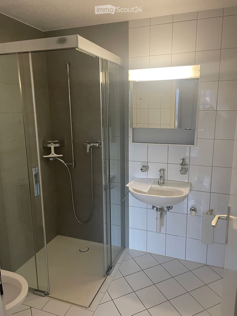 Modern bathroom with a glass-enclosed shower, white tiled walls and floor, a sink with a mirror, and a toilet.