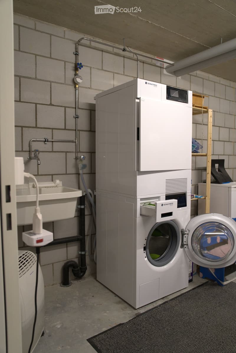 Utility room with a washing machine, dishwasher, sink, and faucet, featuring tiled walls and exposed pipes.