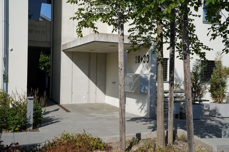 Modern two-story building with clean lines and a minimalist design, featuring a raised ground floor, concrete facade, and small trees in the foreground.