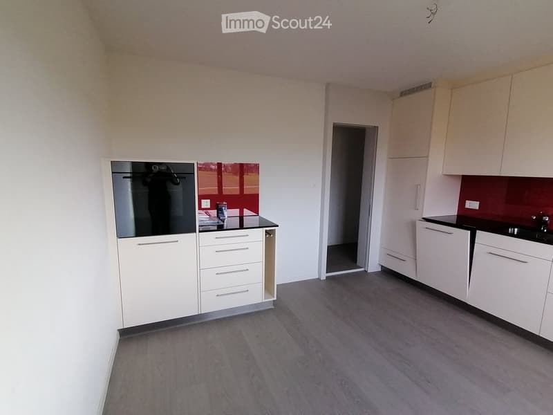 Modern kitchen with white cabinets, a black countertop, and a stainless steel refrigerator. The floor is covered with grey laminate.