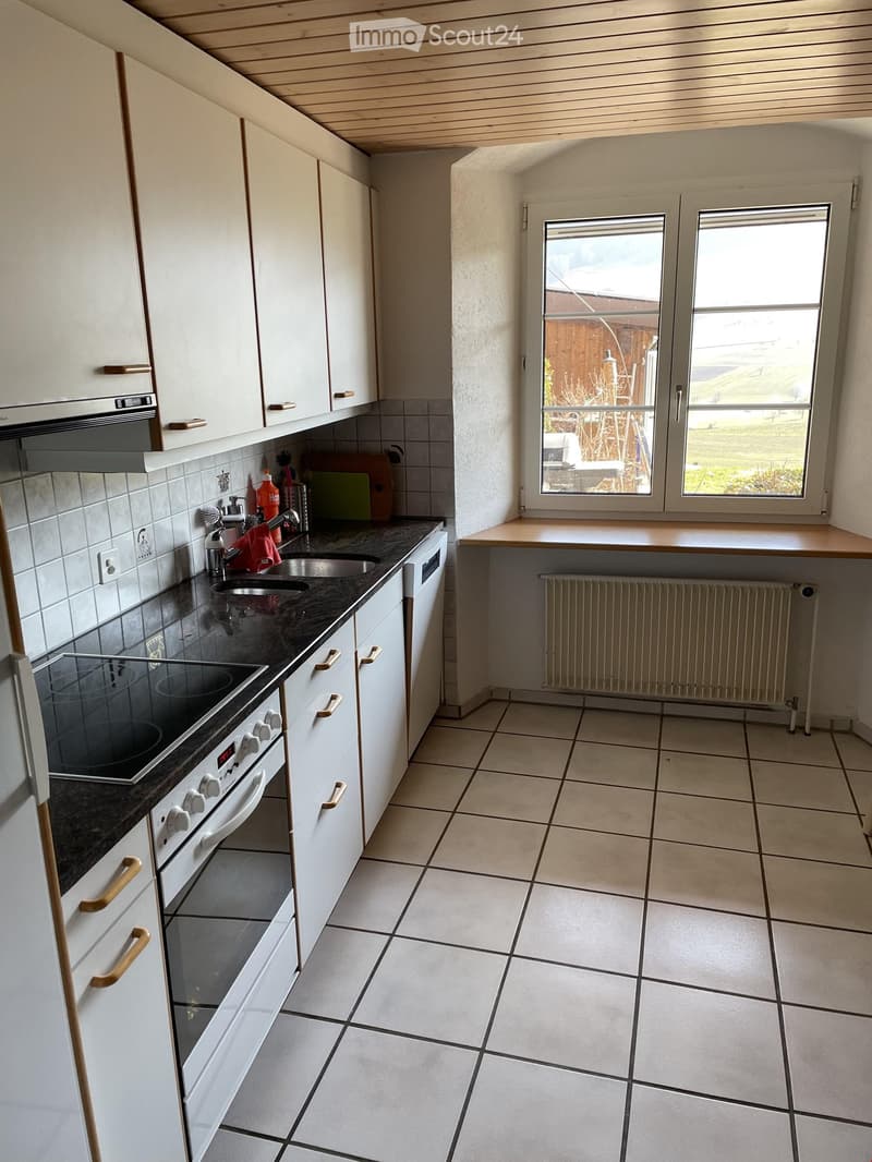 Modern kitchen with white cabinets, tiled floor, and a window overlooking a yard. Features an oven, sink, and radiator.