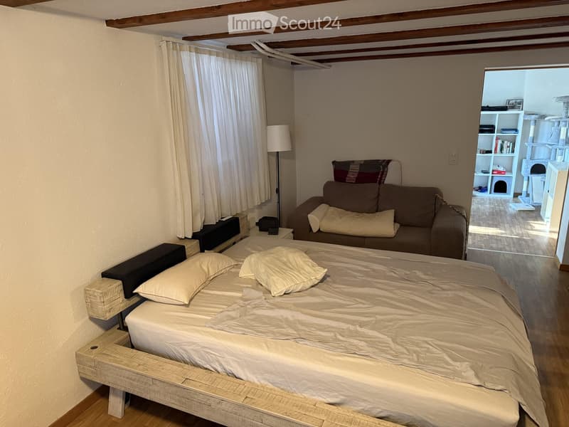 Cozy bedroom with a wooden bed, white bedding, a grey sofa, a floor lamp, and a cat tree in the adjacent room.