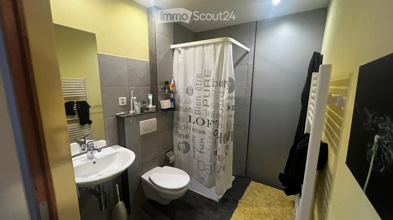 Modern bathroom with a white sink, toilet, shower with a curtain, and a towel rack with towels. The walls are tiled in grey and the floor is dark.
