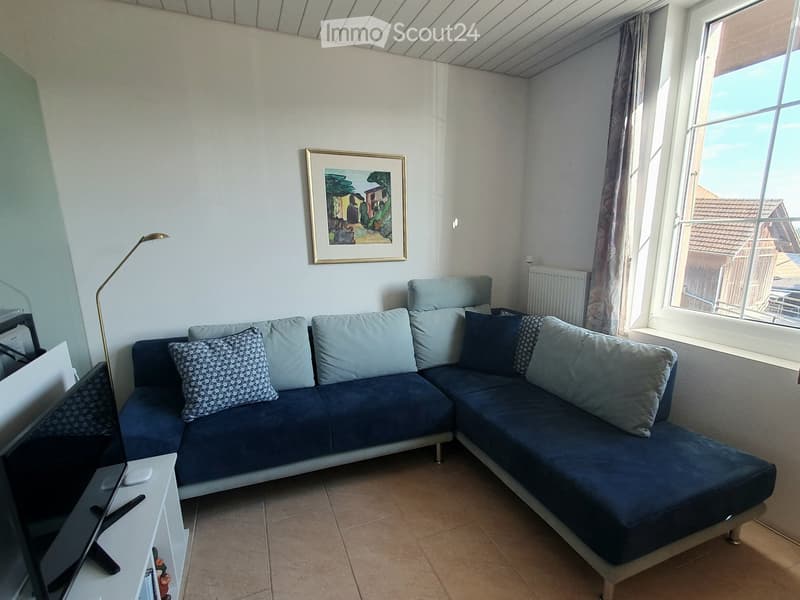 A modern living room with a blue sectional sofa, decorative pillows, a white side table, a floor lamp, and a framed picture on the wall. The room has large windows with curtains and a view of the outside.