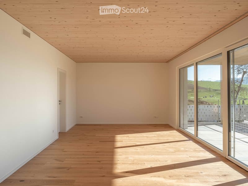 large room, wooden floors, sliding doors, balcony, country views