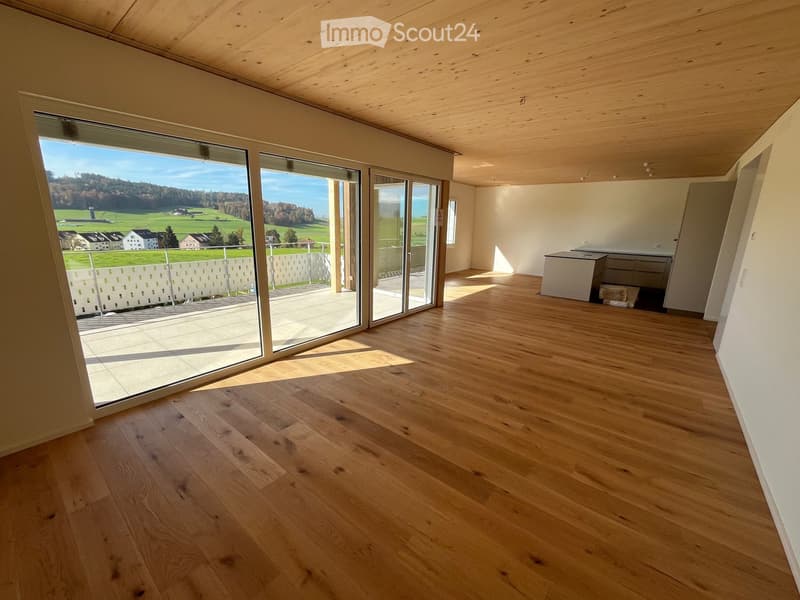 large sliding doors, balcony, wooden floor, white walls, open kitchen