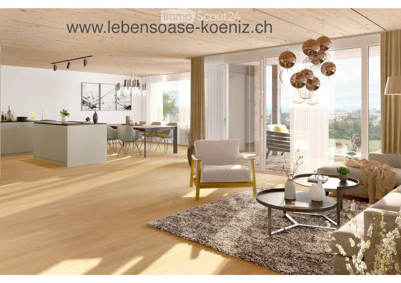 Wood floor, sliding glass doors, table, couch, chairs, center table, vase, art frame