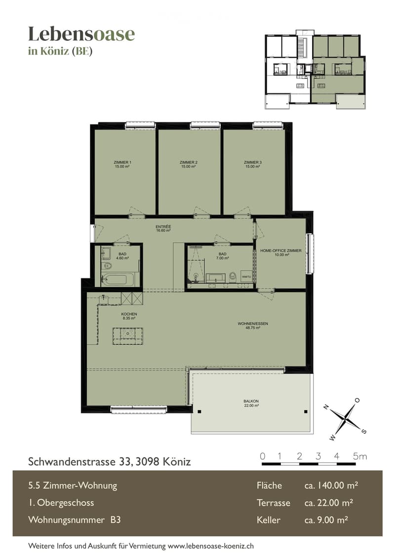Floor plan of a 5.5-room apartment on the first upper floor, including three bedrooms, two bathrooms, a kitchen, a living/dining area, a home office, and a balcony.