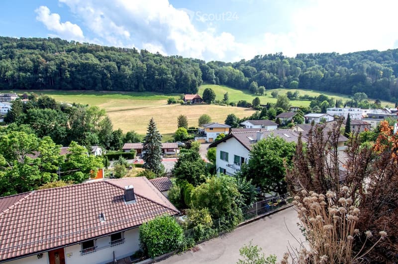A panoramic view of a suburban neighborhood with multiple houses, surrounded by lush green trees and a scenic hill in the background.