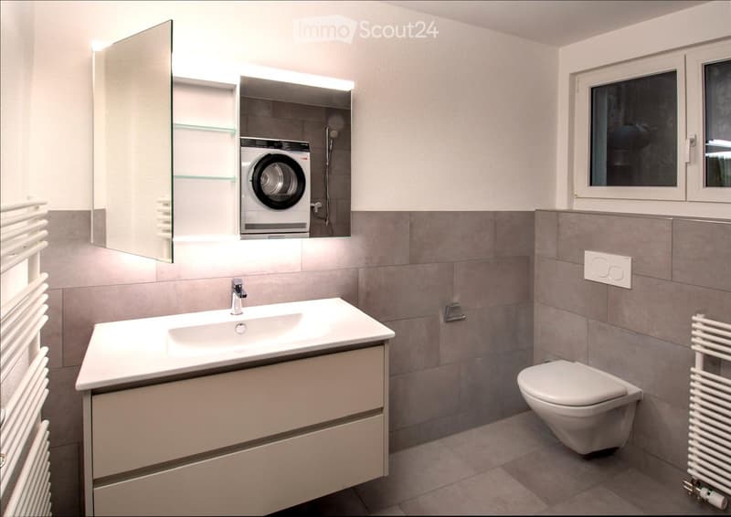 Modern bathroom with a white sink, mirror cabinet, toilet, and a washing machine reflected in the mirror. Grey tiled walls and a window provide natural light.