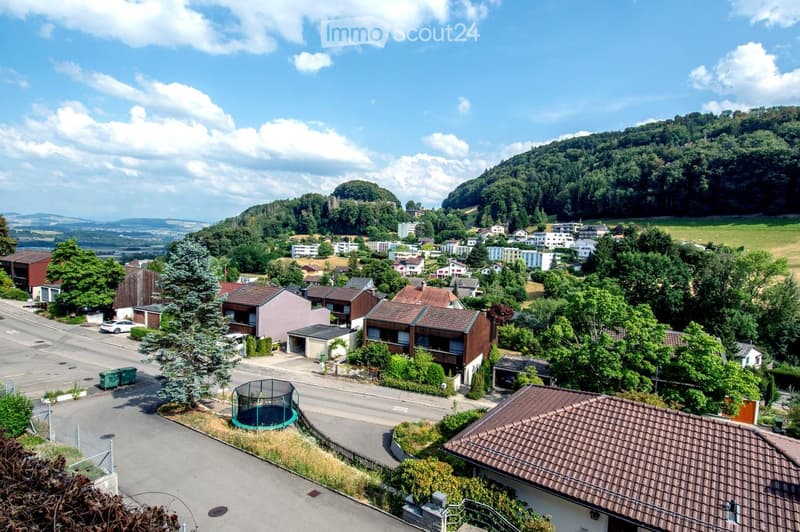 Aerial view of a suburban neighborhood with multiple houses, trees, and a road. The area includes a mix of residential buildings, green spaces, and a small playground with a trampoline.