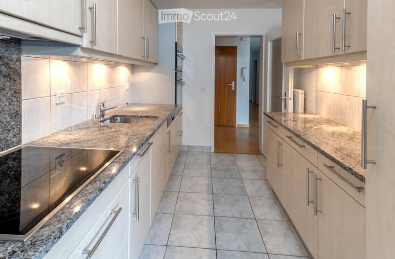Modern kitchen with granite countertops, stainless steel sink, oven, and light wood cabinets.