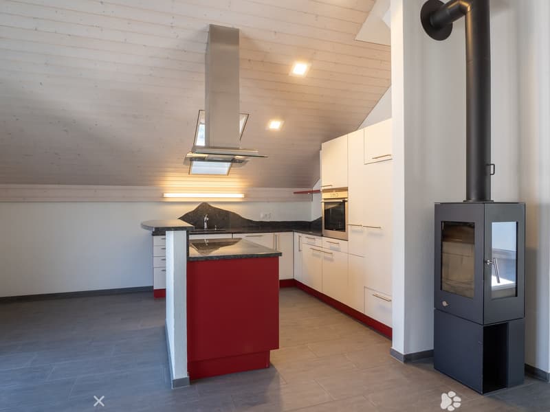 Modern kitchen with white cabinets, red island, stainless steel sink, oven, and a wood-burning stove.