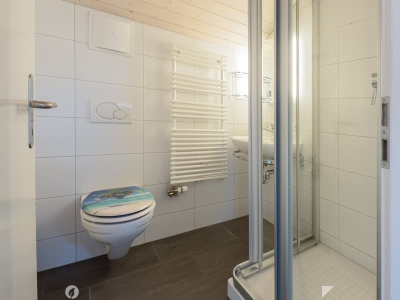 Modern bathroom with white tiled walls, a toilet with a beach-themed seat cover, a glass-enclosed shower, a sink, and a white radiator.