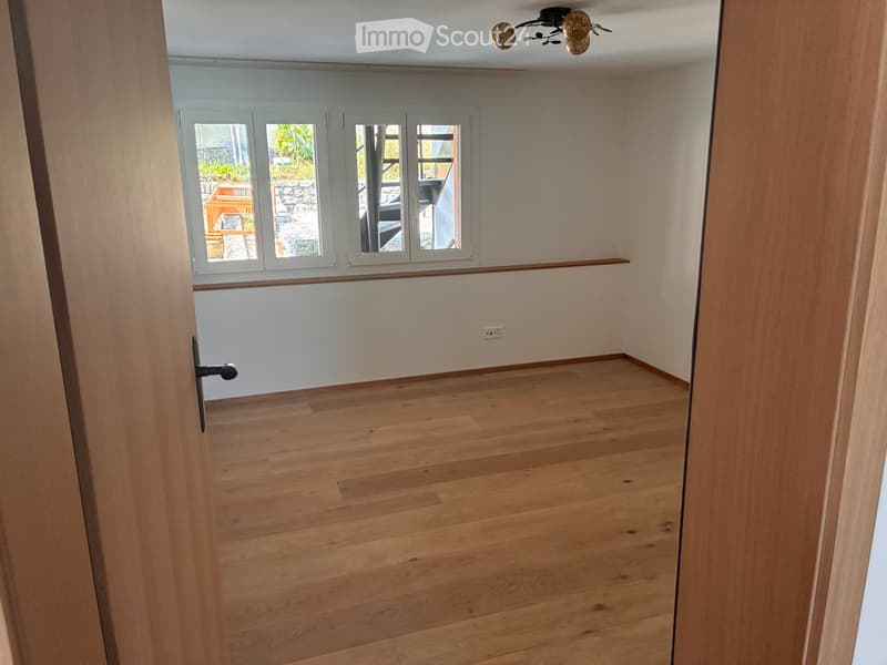 Empty room with wooden flooring, white walls, and large windows with white frames. The room has a simple design with a visible door and a ceiling light fixture.