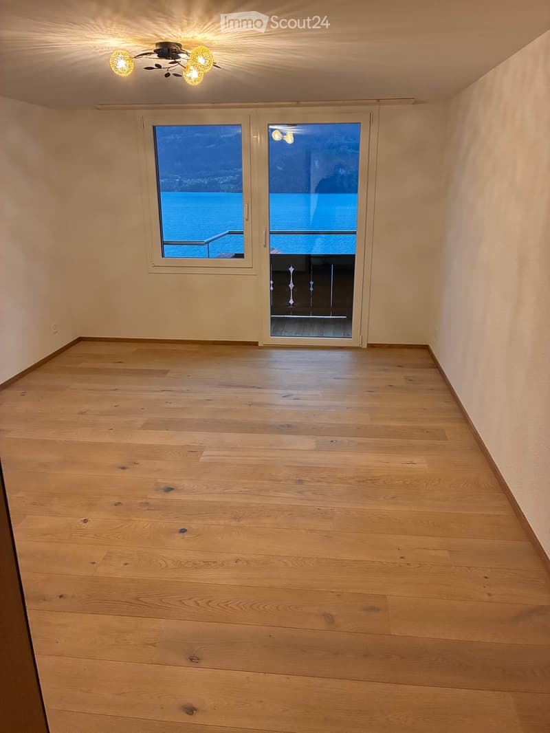 Empty room with wooden flooring, large windows offering a scenic view, and a ceiling light fixture.