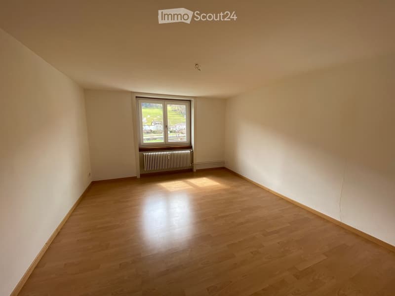 Empty room with wooden flooring, white walls, and a window with a radiator below it.