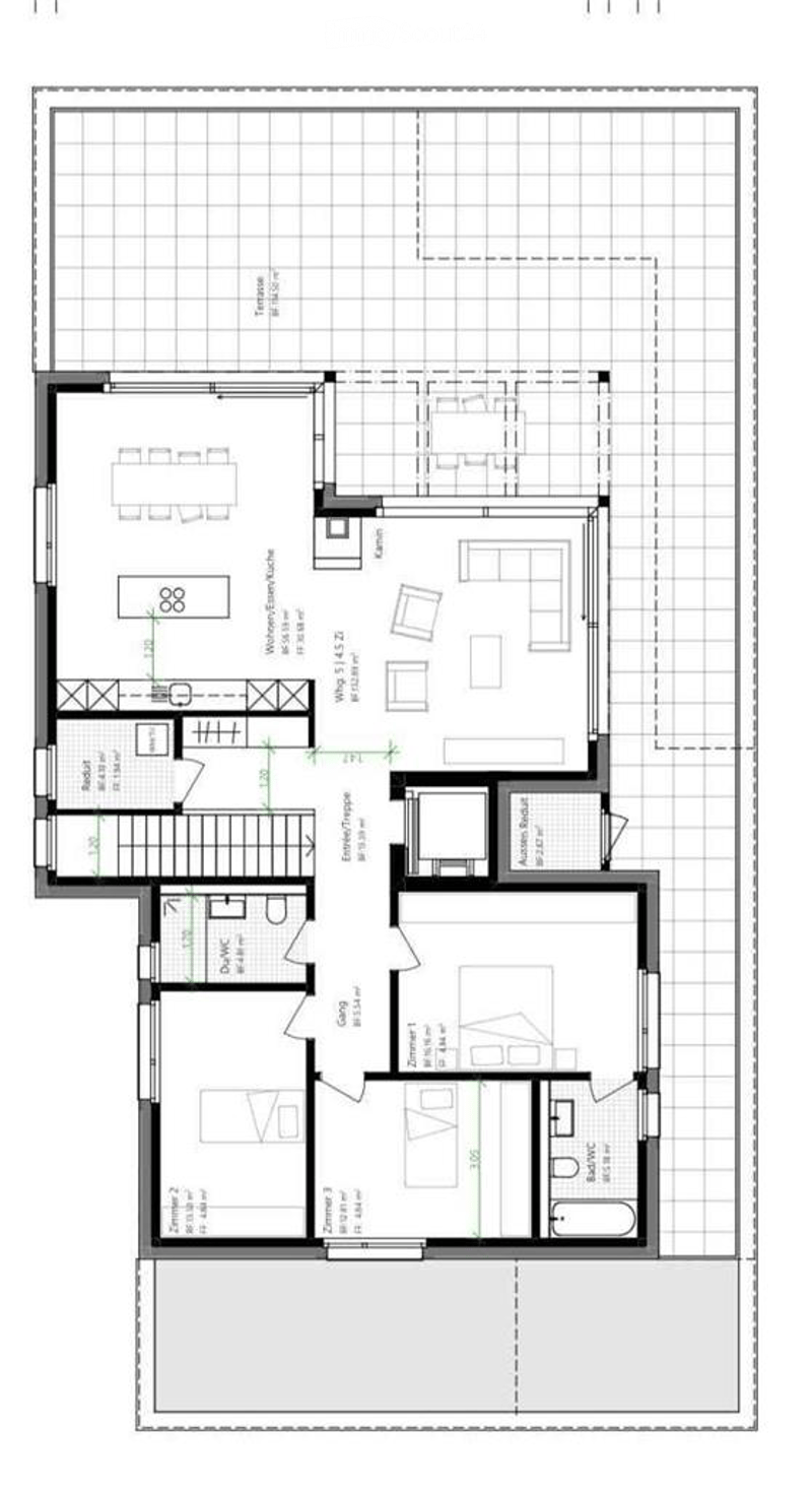 Floor plan of a multi-room residential space including a living room, dining area, kitchen, bedrooms, bathrooms, and a terrace.
