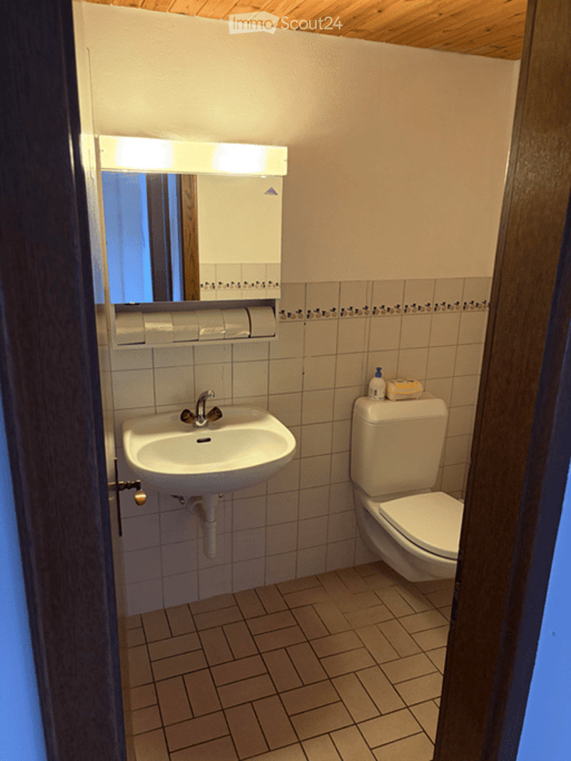 Small bathroom with a white sink, toilet, mirror, and toilet paper holder. The walls are tiled, and the floor is tiled as well.