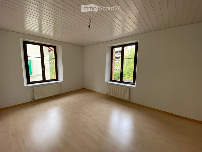 Empty room with light wooden flooring, white walls, two windows, and radiators under each window.