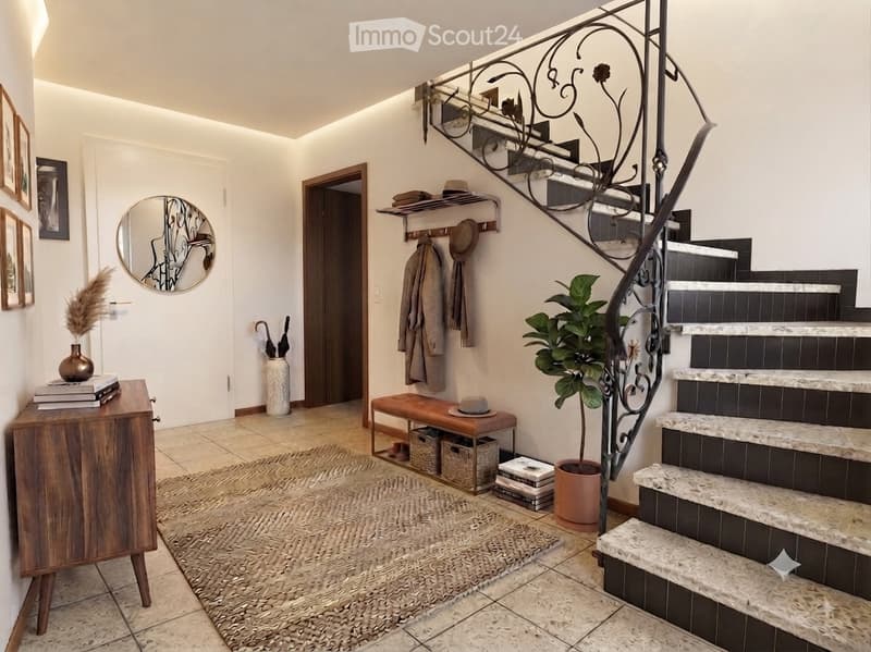 Elegant hallway with a curved staircase, wooden bench, coat rack, and decorative items including a vase, books, and a plant.