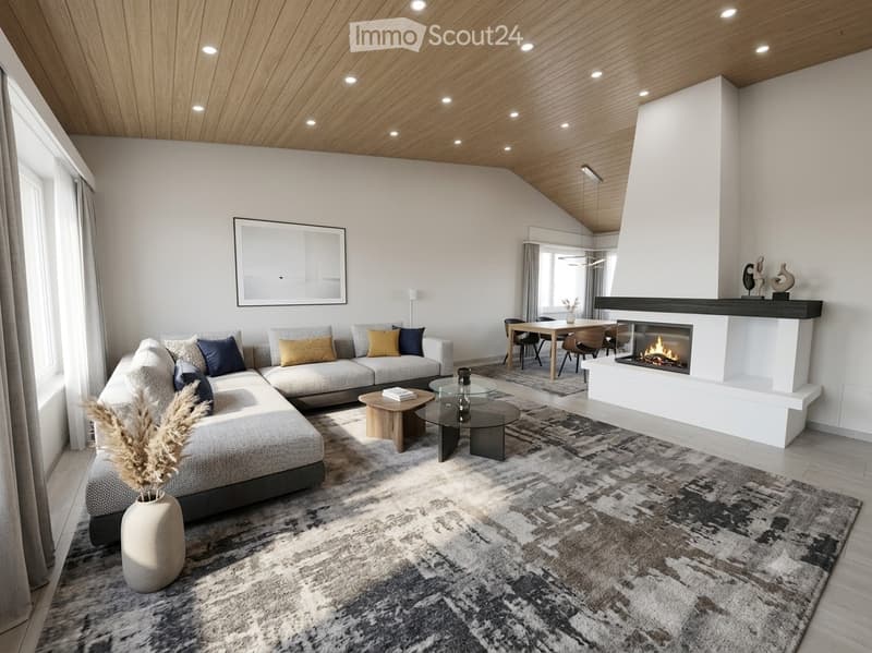 Modern living room with a sectional sofa, fireplace, dining area, and large windows. Features include a wooden ceiling, neutral color palette, and contemporary decor.