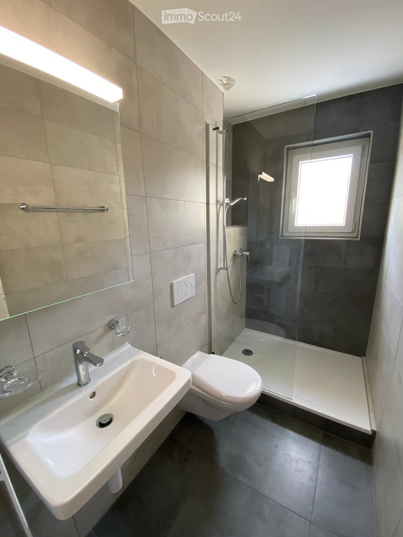 Modern bathroom with a white sink, chrome faucet, toilet, glass-enclosed shower, and a small window providing natural light.