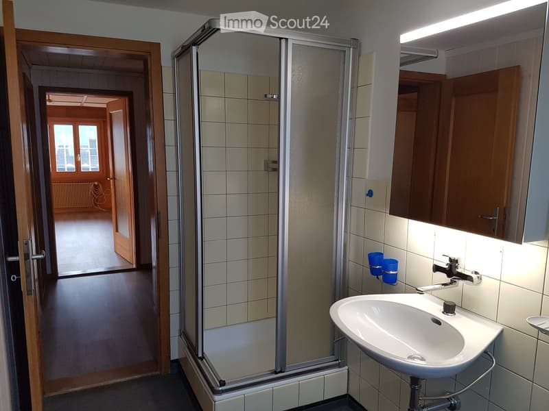 Modern bathroom with a white sink, faucet, two blue cups, a glass shower enclosure, and a wooden cabinet with a mirror.