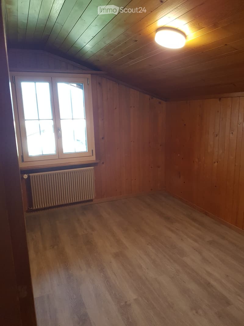 Empty room with wooden walls, wooden floor, and a single window with white frame. A radiator is visible below the window, and a ceiling light fixture is mounted on the wooden ceiling.