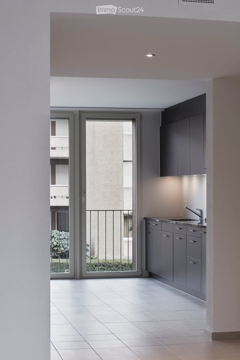 Modern kitchen with grey cabinets, a sink, and a sliding glass door leading to a balcony.