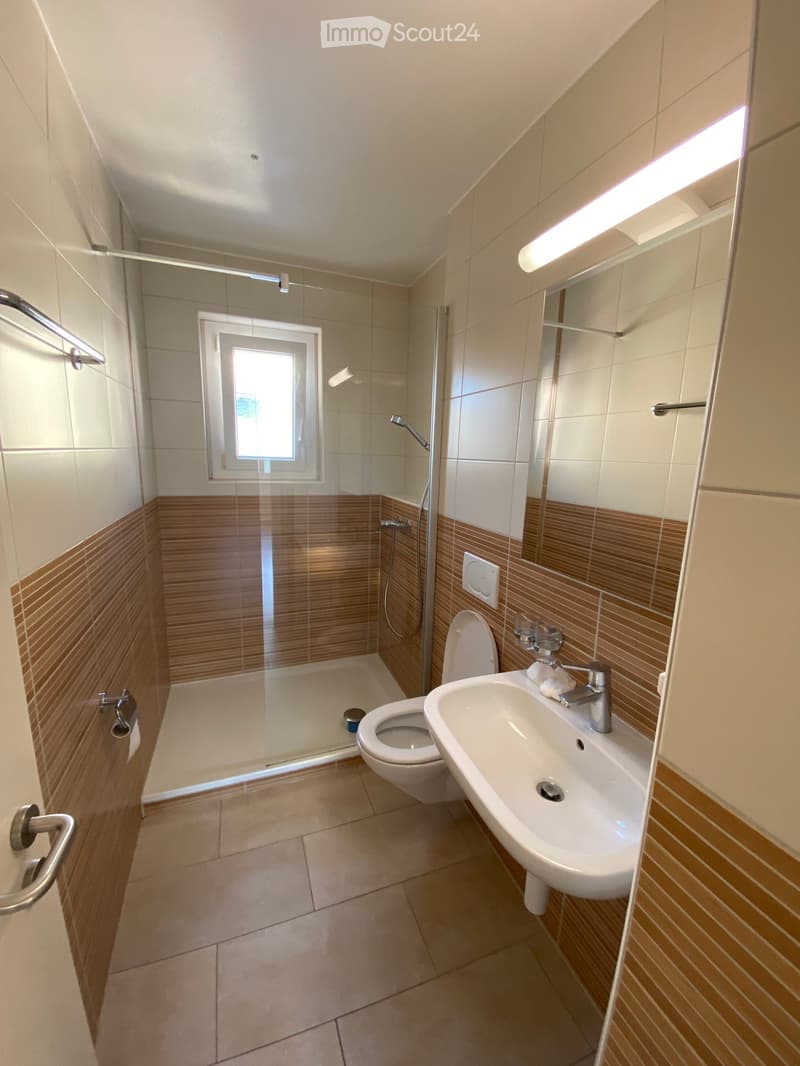 Modern bathroom with a toilet, sink, mirror, and a glass-enclosed shower area. The walls are tiled with a combination of light and brown tiles, and the floor is tiled in a light beige color.