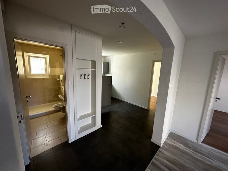 A modern hallway with tiled and wooden flooring, leading to a bathroom with a glass shower enclosure and a toilet, and another room with a visible cabinet.