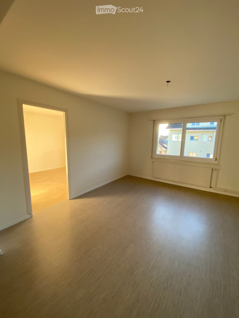 Empty room with light wooden flooring, white walls, a window with white frame, and a radiator below the window. An open doorway leads to another space.