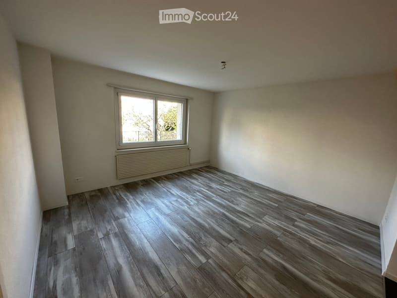 Empty room with wooden flooring, white walls, a window with a view of greenery, and a radiator below the window.