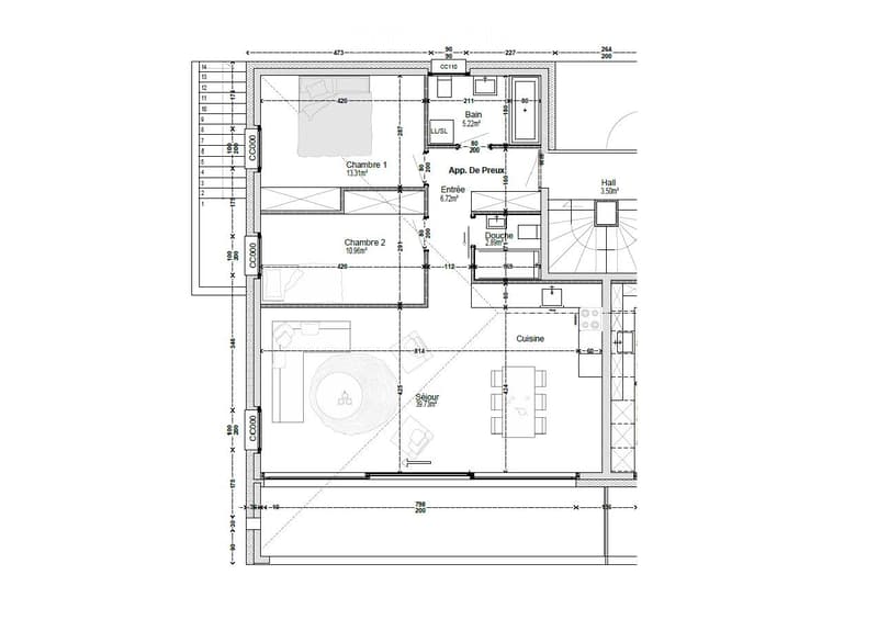 Floor plan showing a layout with two bedrooms, a living room, a kitchen, a bathroom, a hallway, and an entrance area.