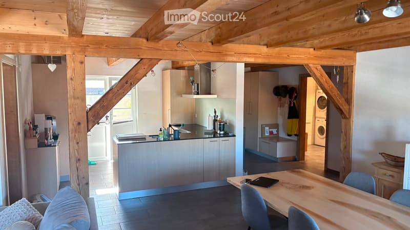 Open-plan living and dining area with exposed wooden beams, a modern kitchen, and a comfortable sofa. The space includes a dining table with chairs, a laptop on the table, and a washing machine in the adjacent laundry area.