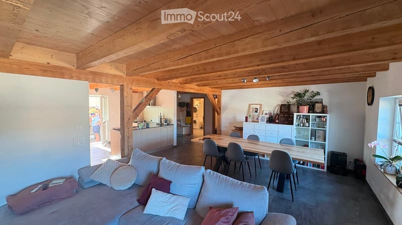 Open-plan living and dining area with exposed wooden beams, a grey sectional sofa with colorful cushions, a wooden dining table with six chairs, a modern kitchen area with white cabinets, and shelves with decorative items and plants.