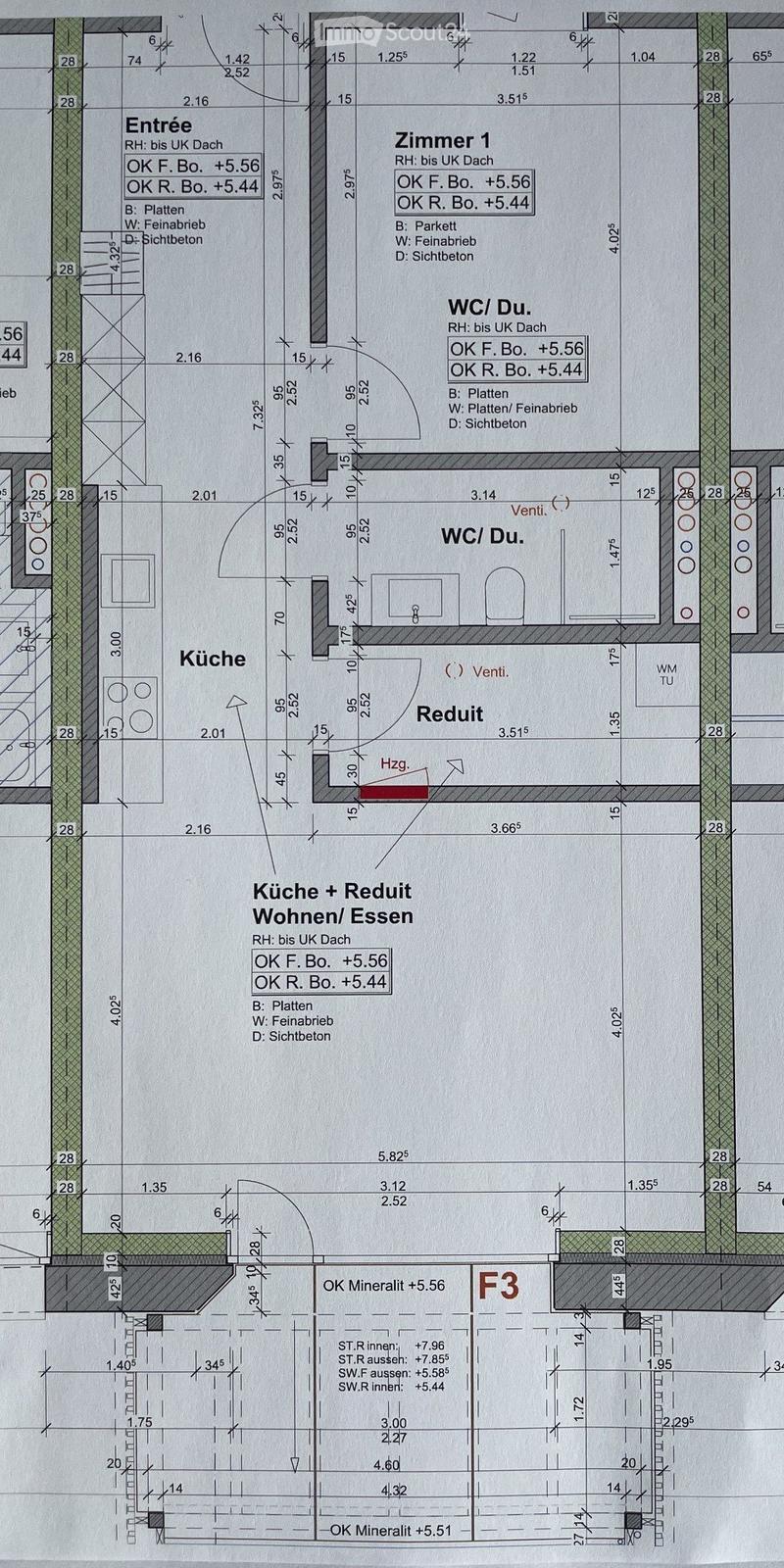 Floor plan showing entrance, kitchen, living/dining area, bedroom, and two bathrooms with ventilation indicated.